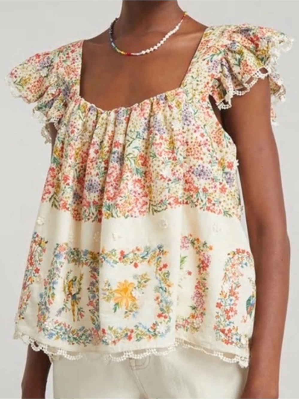 Farm Rio Women’s Delicate Forest Scarves Square Neck Embroidered Blouse Top